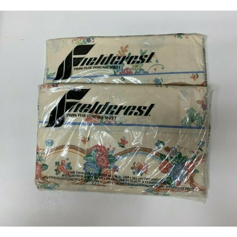 Sealed! Lot of 2 Vintage Fieldcrest Twin Flat Percale Sheets Polonaise 66x96